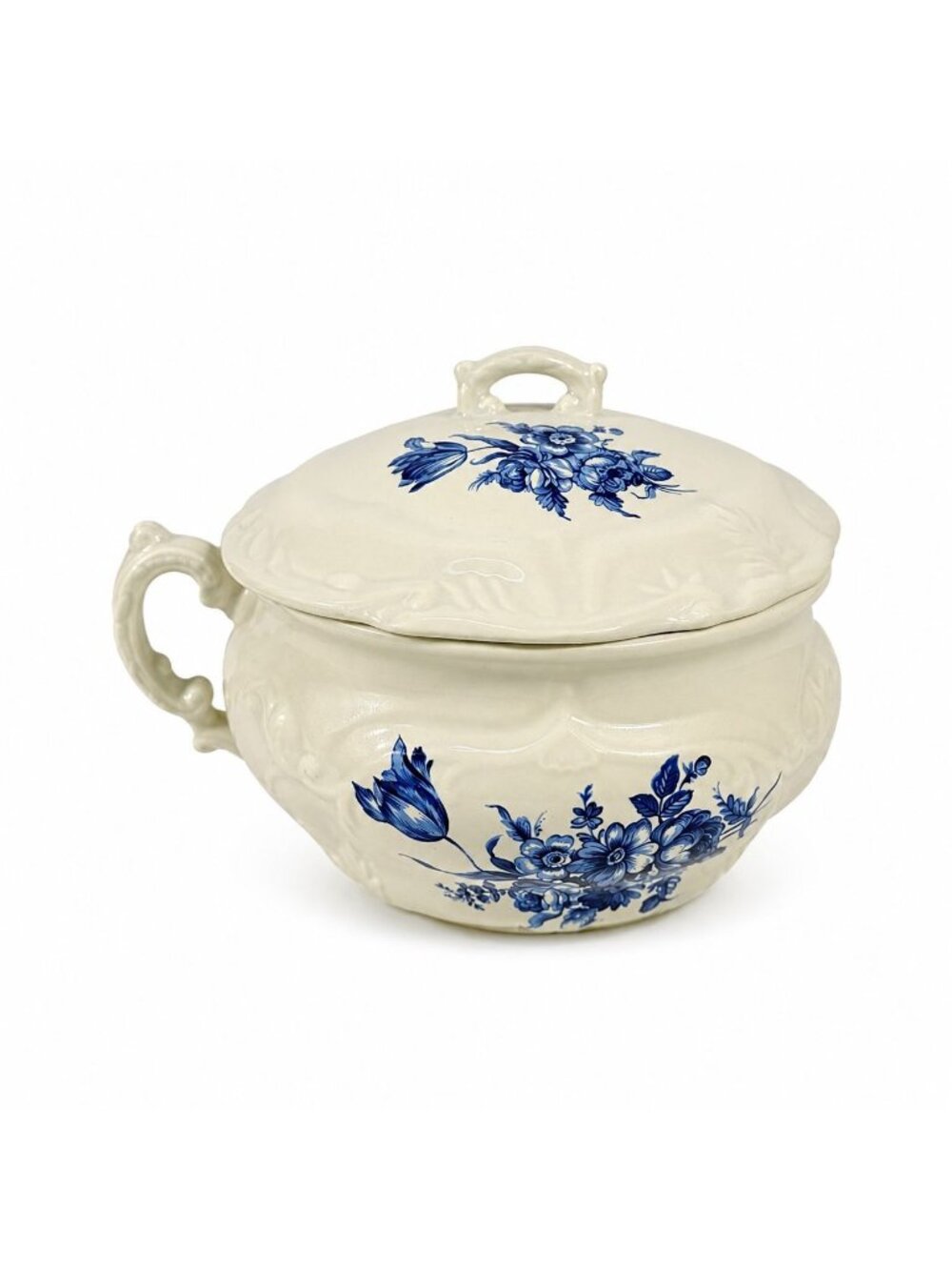 Ironstone Flow Blue Chamber Pot Planter Transferware Vintage Bowl Handle Lid Flo